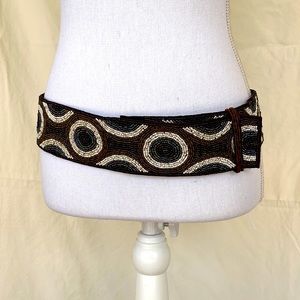Beaded Belt Iridescent Aurora Borealis beads, ivory and brown glass beads